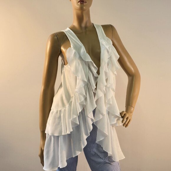 H&M Top Size S White Ruffle Frill Flowing Long Vest Open Front Cover Up - Picture 1 of 6